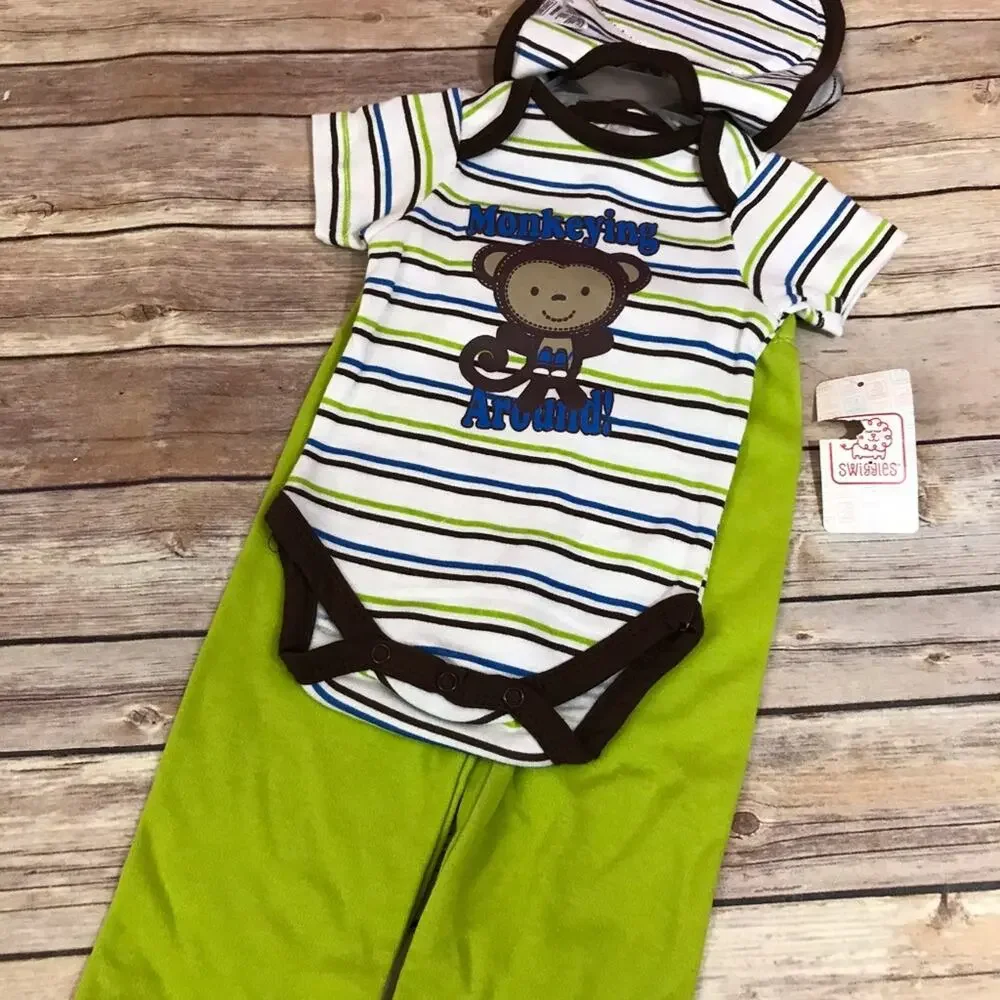 Swiggles Boys Outfit Size 6-9 Mo Monkey 3‎ Piece Set Bib Green Blue Brown NEW